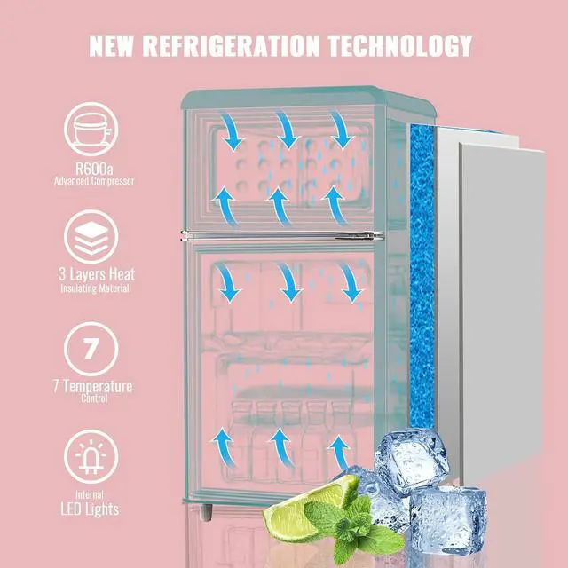 Alt view image 4 of 7 - WANAI 3.5 Cu.ft Compact Refrigerators Mini Fridge with Freezer Blue Small Fridge Dual Door Classic Retro Refrigerator Removable Glass Shelves Adjustable Thermostat for Home Office Dorm RV