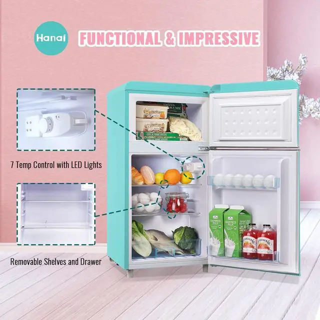 Alt view image 7 of 7 - WANAI 3.5 Cu.ft Compact Refrigerators Mini Fridge with Freezer Blue Small Fridge Dual Door Classic Retro Refrigerator Removable Glass Shelves Adjustable Thermostat for Home Office Dorm RV