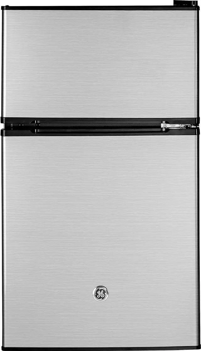 Main image of GE Mini Fridge With Freezer | 3.1 Cubic Ft. | Double-Door Design With Glass Shelves, Crisper Drawer & Spacious Freezer | Small Refrigerator Perfect for the Garage, Dorm Room, or Bedroom | Clean Steel