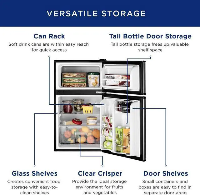 Alt view image 3 of 6 - GE Mini Fridge With Freezer | 3.1 Cubic Ft. | Double-Door Design With Glass Shelves, Crisper Drawer & Spacious Freezer | Small Refrigerator Perfect for the Garage, Dorm Room, or Bedroom | Clean Steel