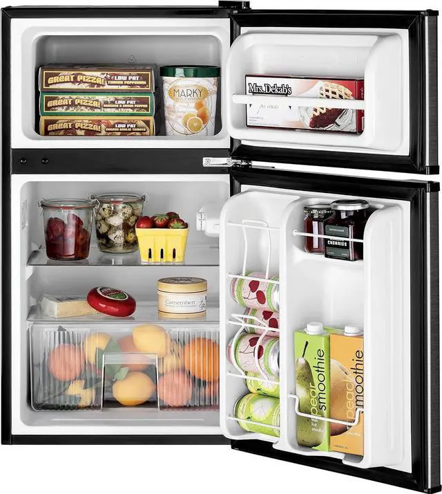 Alt view image 5 of 6 - GE Mini Fridge With Freezer | 3.1 Cubic Ft. | Double-Door Design With Glass Shelves, Crisper Drawer & Spacious Freezer | Small Refrigerator Perfect for the Garage, Dorm Room, or Bedroom | Clean Steel