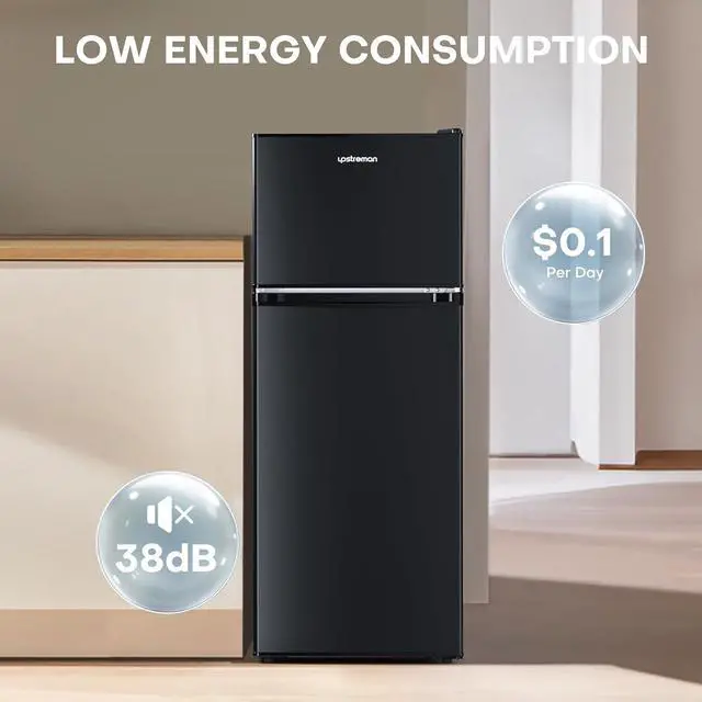 Alt view image 5 of 6 - Upstreman 4.0 Cu.Ft. Mini Fridge with Freezer, Double Door, Mini Fridge for Office,Dorm, Bedroom,Adjustable Thermostat, Large Capacity,Black-BR401