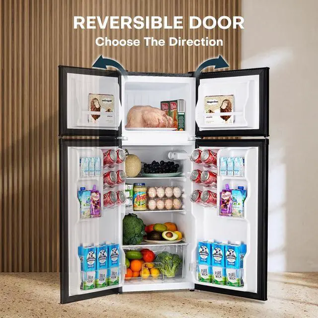 Alt view image 4 of 6 - Upstreman 4.0 Cu.Ft. Mini Fridge with Freezer, Double Door, Mini Fridge for Office,Dorm, Bedroom,Adjustable Thermostat, Large Capacity,Black-BR401