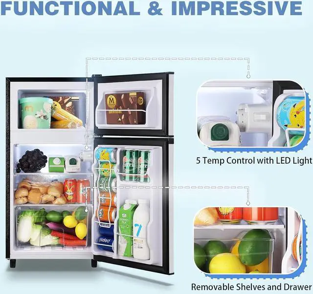 Alt view image 5 of 7 - WANAI Mini Fridge with Freezer, 3.5 Cu.Ft Double Door Compact Refrigerator Freezer-on-Top, Small Freestanding with 7 Adjustable Thermostat for Bedroom Office Dorm Apartment, Silver
