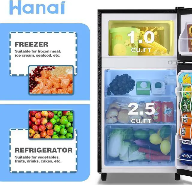 Alt view image 6 of 7 - WANAI Mini Fridge with Freezer, 3.5 Cu.Ft Double Door Compact Refrigerator Freezer-on-Top, Small Freestanding with 7 Adjustable Thermostat for Bedroom Office Dorm Apartment, Silver