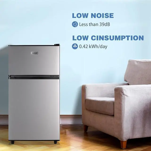 Alt view image 7 of 7 - WANAI Mini Fridge with Freezer, 3.5 Cu.Ft Double Door Compact Refrigerator Freezer-on-Top, Small Freestanding with 7 Adjustable Thermostat for Bedroom Office Dorm Apartment, Silver
