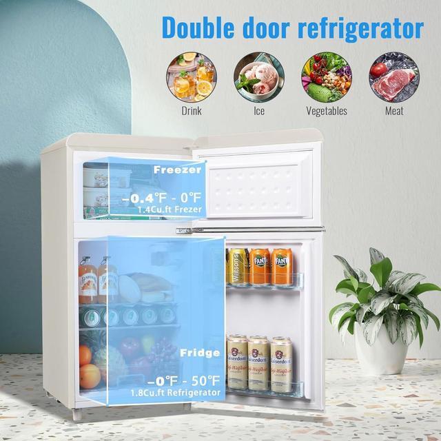 Alt view image 3 of 7 - WANAI 3.5 Cu.Ft Mini Fridge with Freezer Small Retro Dual Door Refrigerator Freestanding Compact Refrigerator with Freezer 2 Door Mini Fridge for Bedroom, Dorm, Office, Cream