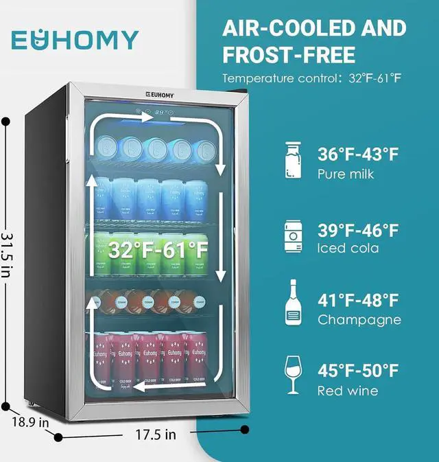 Alt view image 3 of 7 - EUHOMY Beverage Refrigerator and Cooler, 126 Can Mini fridge with Glass Door, Small Refrigerator with Adjustable Shelves for Soda Beer or Wine, Perfect for Home/Bar/Office (Slive).