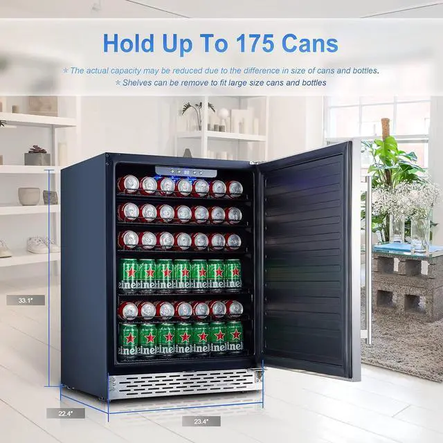 Alt view image 2 of 7 - Phiestina 24 inch Indoor/Outdoor Beverage Refrigerator 175 Cans Built-in/Freestanding Beverage Fridge Cooler Lockable Stainless Steel Door Auto Defrost Quiet For Home/Commercial,6 Removable Shelves