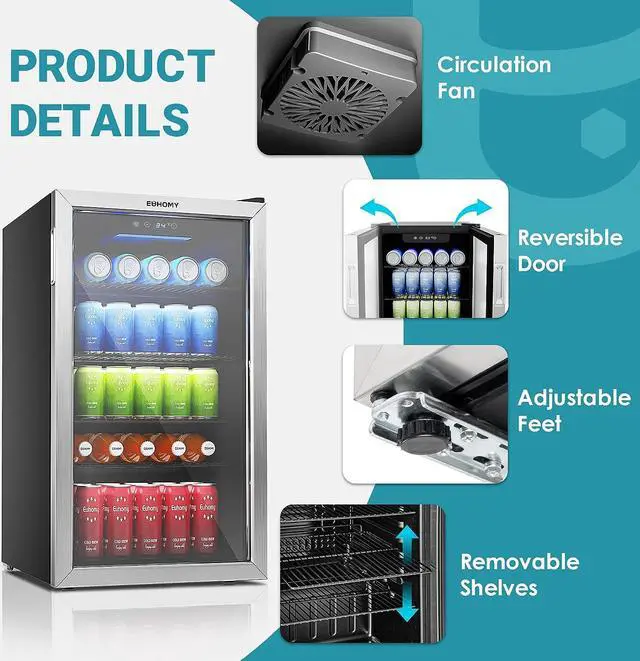 Alt view image 6 of 7 - EUHOMY Beverage Refrigerator and Cooler, 126 Can Mini fridge with Glass Door, Small Refrigerator with Adjustable Shelves for Soda Beer or Wine, Perfect for Home/Bar/Office (Slive).