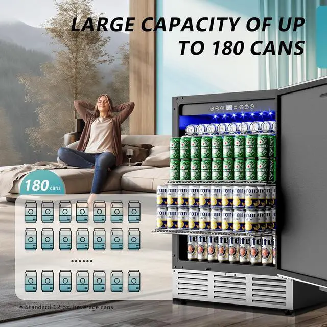 Alt view image 2 of 7 - EUHOMY 24 Inch Beverage Refrigerator, Built-in and Freestanding Beverage Cooler 180 Can, Under Counter Beverage Fridge with Stainless Steel Door, Outdoor Refrigerator for Soda, Beer, Wine.