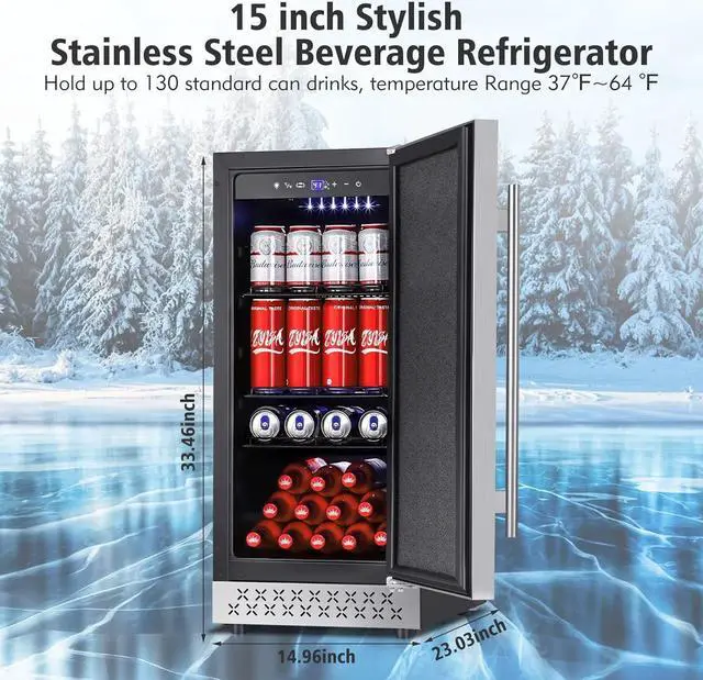 Alt view image 6 of 7 - Tylza Beverage Refrigerator 15 Inch Wide, Mini Fridge Stainless Steel Under Counter Beverage Cooler, 130 Cans Beer Fridge with Built-in and Freestanding Beverage Fridge TYBC100SD
