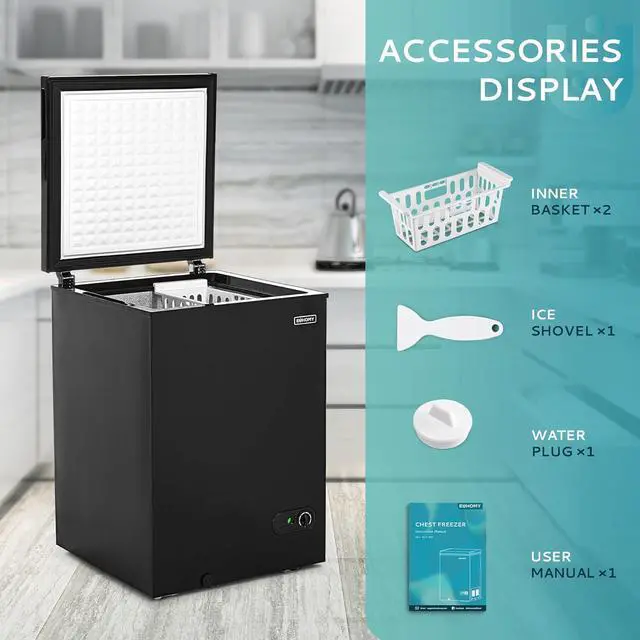 Alt view image 7 of 7 - EUHOMY 3.5 Cu.Ft Chest Freezer with Removable Basket, Small Deep Freezer Adjustable 7 Thermostat, Quiet Mini Freezer Free-Standing Top Door, Energy Saving for Apartment/Garage/Basement/Dorm/Home,Black
