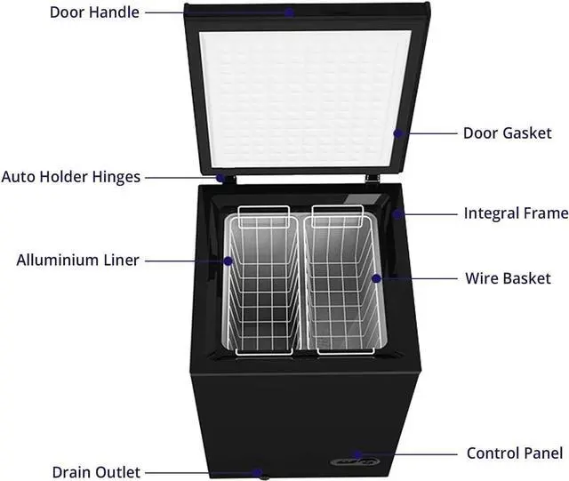 Alt view image 4 of 7 - 3.5 Cu.ft Chest Freezer Small Deep Freezer Mini Household Chest Freezers Upright with 2 Removable Baskets 7 Temperature Settings Black
