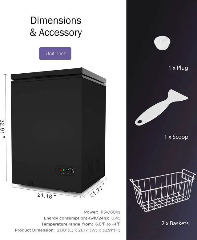 Alt view image 6 of 7 - 3.5 Cu.ft Chest Freezer Small Deep Freezer Mini Household Chest Freezers Upright with 2 Removable Baskets 7 Temperature Settings Black