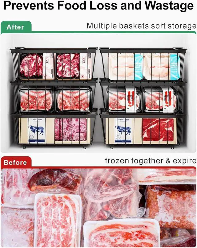 Alt view image 2 of 7 - iSPECLE Freezer Organizer Bins - 8 Pack Stackable Chest Freezer Organizer for 7 Cu.FT Deep Freezer Sort Frozen Meats, Deep Freezer Organizer Bins with Handle Easy to Get Food from Bottom, Black