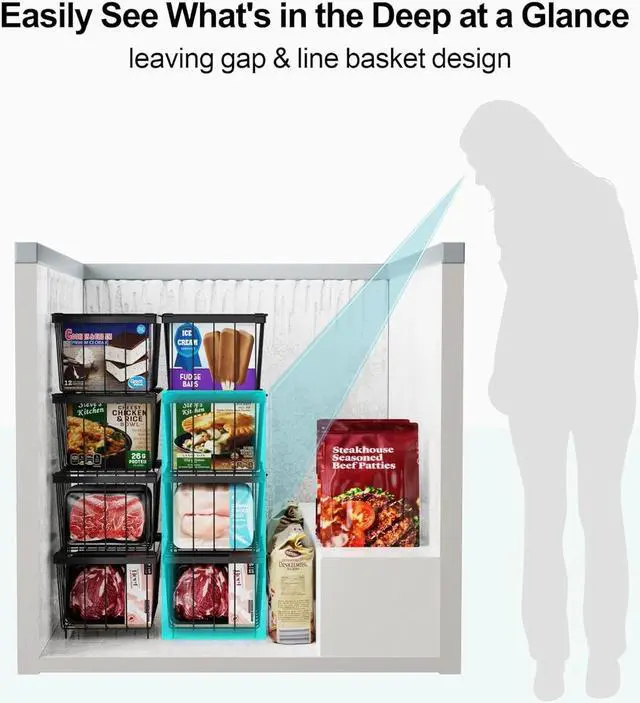 Alt view image 6 of 7 - iSPECLE Freezer Organizer Bins - 8 Pack Stackable Chest Freezer Organizer for 7 Cu.FT Deep Freezer Sort Frozen Meats, Deep Freezer Organizer Bins with Handle Easy to Get Food from Bottom, Black
