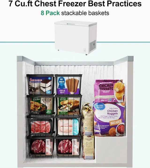 Alt view image 7 of 7 - iSPECLE Freezer Organizer Bins - 8 Pack Stackable Chest Freezer Organizer for 7 Cu.FT Deep Freezer Sort Frozen Meats, Deep Freezer Organizer Bins with Handle Easy to Get Food from Bottom, Black
