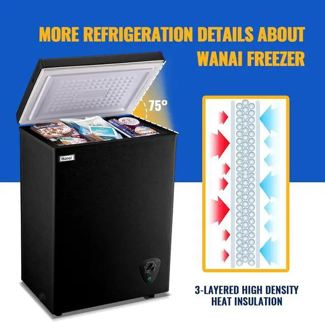 Alt view image 4 of 7 - Chest Freezer WANAI 3.5 Cubic Deep Freezer with Top Open Door and Removable Storage Basket, 7 Gears Temperature Control, Ideal for Office Dorm or Apartment (Black)