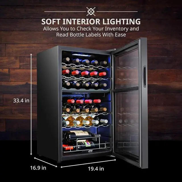 Alt view image 4 of 7 - Ivation 33 Bottle Dual Zone Wine Cooler Refrigerator w/Lock | Large Freestanding Wine Cellar For Red, White, Champagne & Sparkling Wine | 41f-64f Digital Temperature Control Fridge Glass Door Black