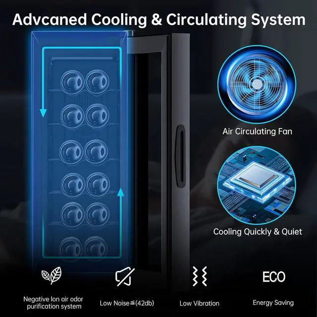Alt view image 2 of 5 - KingChii 12 Bottle Thermoelectric Wine Cooler Refrigerator Advanced Cooling Technology, Stainless Steel & Tempered Glass For Red Wine, Champagne for Home, Kitchen, or Office