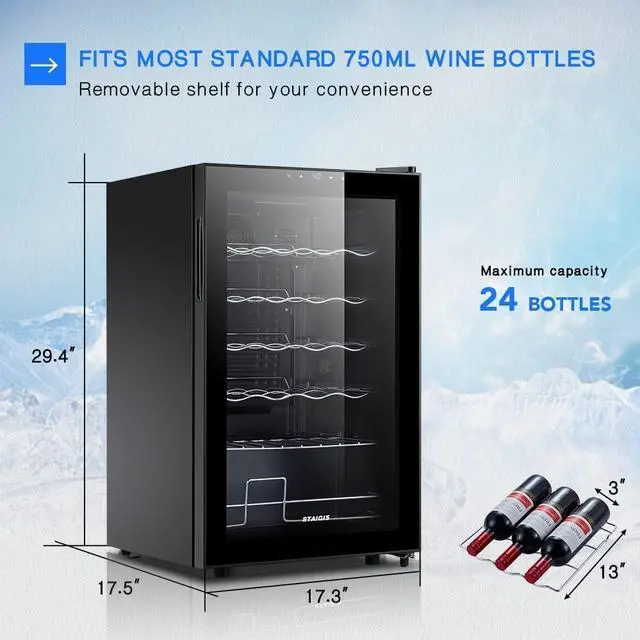Alt view image 3 of 6 - 24 Bottle Compressor Wine Cooler Refrigerator, Small Freestanding Wine Fridge for Red, White and Champagne, Mini Fridge with 40-66F Digital Temperature Control Glass Door