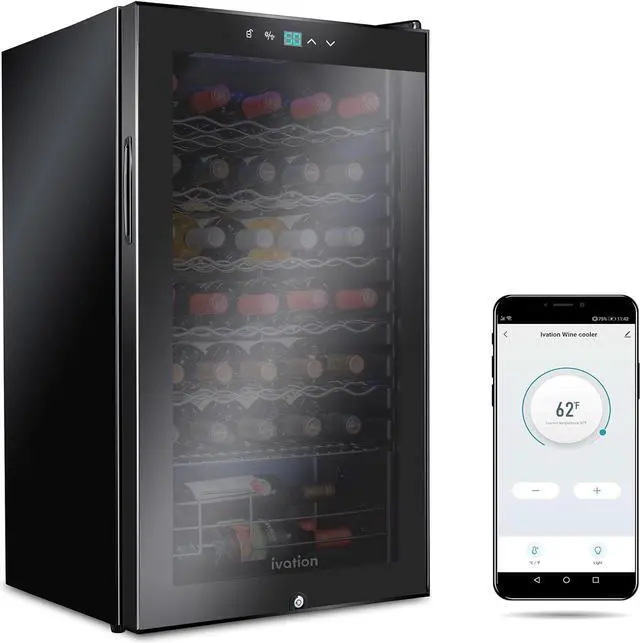 Main image of Ivation 34 Bottle Compressor Wine Cooler Refrigerator with Wi-Fi Smart App Control Cooling System | Large Freestanding Wine Cellar Fridge For Red White Champagne or Sparkling, Black Glass Door & Lock