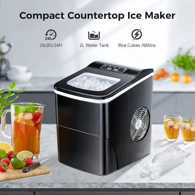 Alt view image 2 of 7 - Ice Makers Countertop with Self-Cleaning, 26.5lbs/24hrs, 9 Cubes Ready in 6 Mins, Portable Ice Machine with 2 Sizes Bullet Ice/Ice Scoop/Basket for Home/Kitchen/Office/Bar/Party, Black