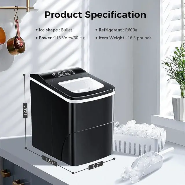 Alt view image 3 of 7 - Ice Makers Countertop with Self-Cleaning, 26.5lbs/24hrs, 9 Cubes Ready in 6 Mins, Portable Ice Machine with 2 Sizes Bullet Ice/Ice Scoop/Basket for Home/Kitchen/Office/Bar/Party, Black