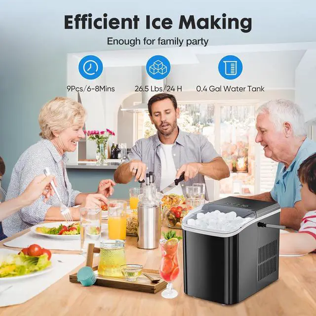 Alt view image 2 of 7 - Countertop Ice Maker, Portable Ice Machine Self-Cleaning, 9 Cubes in 6 Mins, 26.5Lbs/24H, 2 Sizes of Bullet Ice, Ice Scoop, Basket & Handle, Ice Cube Maker for Home Kitchen Party,1.5 L, Black