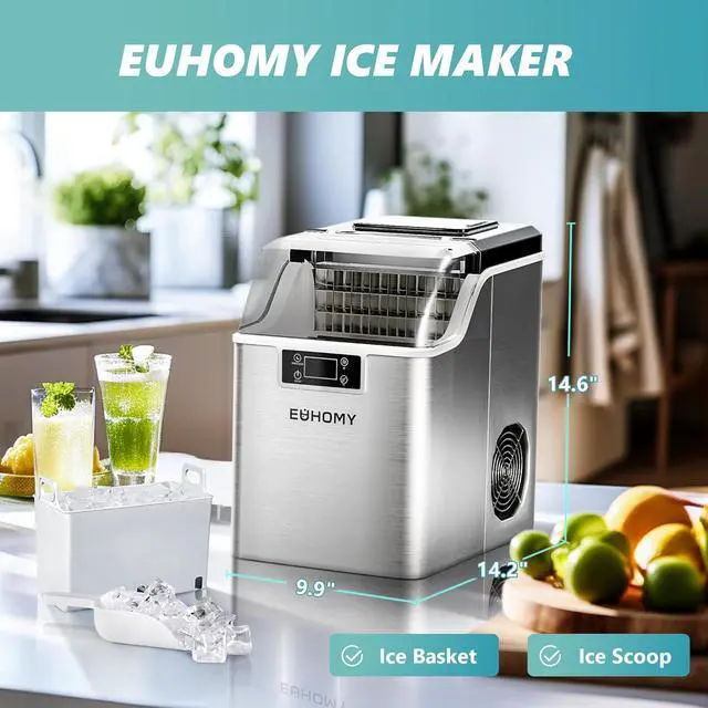 Alt view image 7 of 7 - EUHOMY Ice Cube Maker Machine Countertop, 2 Ways to Add Water, 45Lbs/Day 24 Pcs Ready in 13 Mins, Self-Cleaning Portable Compact, with Ice Scoop & Basket, Perfect for Home/Kitchen/Office/Bar