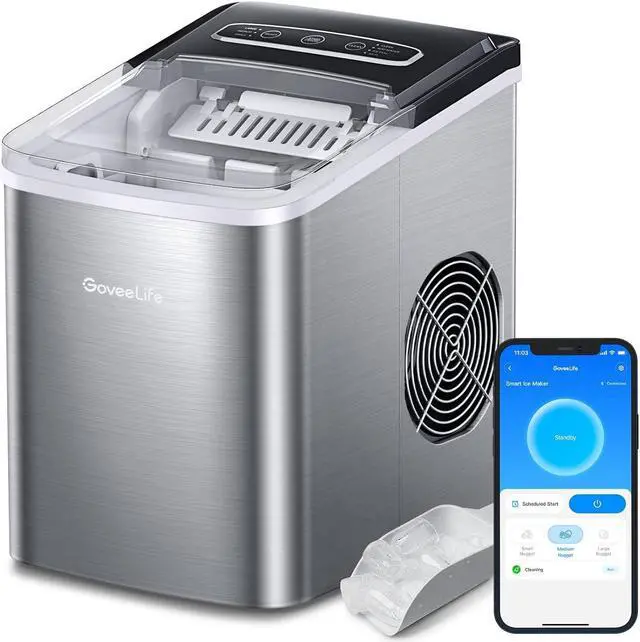 Main image of GoveeLife Smart Ice Makers, Portable Countertop Ice Maker Machine with Self-Cleaning, 6 Mins 9 Bullet Ice, 26lbs/24Hrs, Voice Remote for Home Kitchen Party Camping, with Ice Scoop Stainless Silver