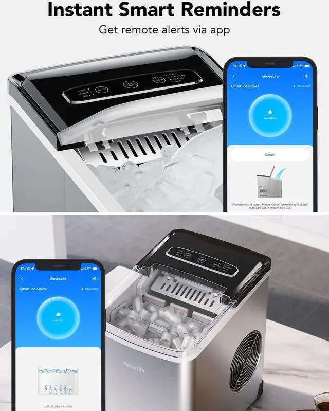 Alt view image 6 of 7 - GoveeLife Smart Ice Makers, Portable Countertop Ice Maker Machine with Self-Cleaning, 6 Mins 9 Bullet Ice, 26lbs/24Hrs, Voice Remote for Home Kitchen Party Camping, with Ice Scoop Stainless Silver