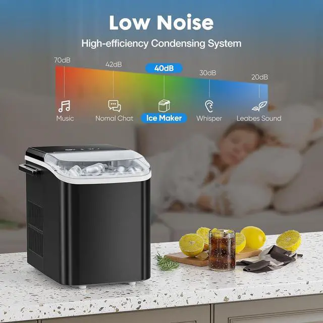 Alt view image 5 of 7 - Countertop Ice Maker, Portable Ice Machine Self-Cleaning, 9 Cubes in 6 Mins, 26.5Lbs/24H, 2 Sizes of Bullet Ice, Ice Scoop, Basket & Handle, Ice Cube Maker for Home Kitchen Party,1.5 L, Black