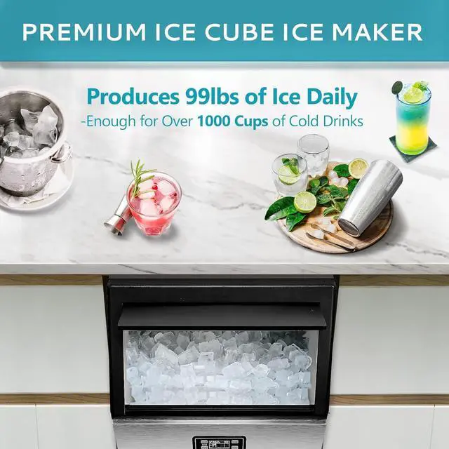 Alt view image 2 of 7 - Commercial Ice Maker Machine - 99lbs Daily Production, 33lbs Ice Storage, Stainless Steel Freestanding & Under Counter Ice Maker, Ideal Ice Maker for Home/Bar/Restaurant/Outdoor Activities