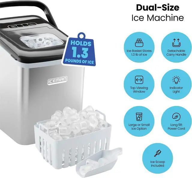 Alt view image 3 of 7 - Iceman Dual-Size Countertop Ice Maker Machine, Portable, Creates 2 Cube Sizes in 6 Mins, Holds 1.3 lb. of Ice, Makes up to 26 lb in 24 Hours, Self-Cleaning Scoop Included, Stainless-Steel