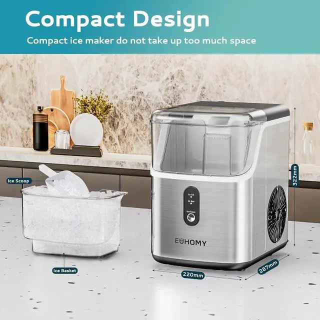 Alt view image 7 of 7 - EUHOMY Nugget Ice Makers Countertop, Pebble Ice Maker Machine with 35lbs/24H Soft Ice, Self-Cleaning Sonic Ice Maker with Ice Scoop&Basket, Pellet Ice Maker for Home/Kitchen/Office(Stainless Steels)
