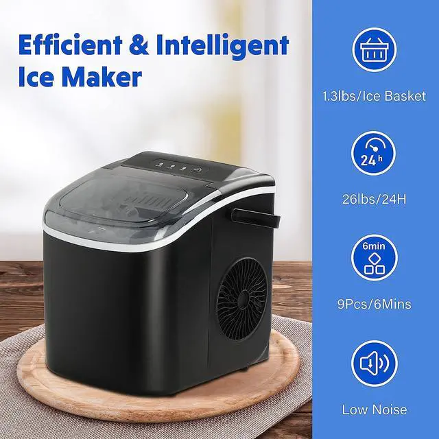 Alt view image 4 of 7 - Portable Ice Maker for Countertop, 9 Ice Cubes Ready in 6 Mins, 26lbs Ice/24Hrs, with Self-Cleaning Feature, Ice Spoon and Basket, for Home Kitchen Office Camper RV, Black