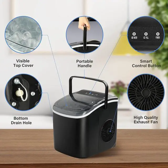 Alt view image 3 of 7 - Portable Ice Maker for Countertop, 9 Ice Cubes Ready in 6 Mins, 26lbs Ice/24Hrs, with Self-Cleaning Feature, Ice Spoon and Basket, for Home Kitchen Office Camper RV, Black