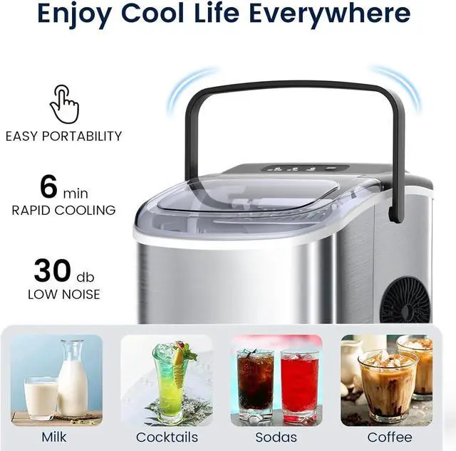 Alt view image 6 of 7 - Stainless Steel Ice Maker Countertop, 26Lbs/24H, 9 Cubes Ready in 6-8 Mins, Self-Cleaning Portable Ice Maker with Handle, for Home/Office/Bar (Silver)