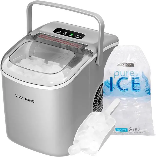 Main image of Electric Portable Compact Countertop Automatic Ice Cube Maker Machine with Handle Hand Scoop 10 Ice Bags and Self Cleaning Function 26lbs/day Silver