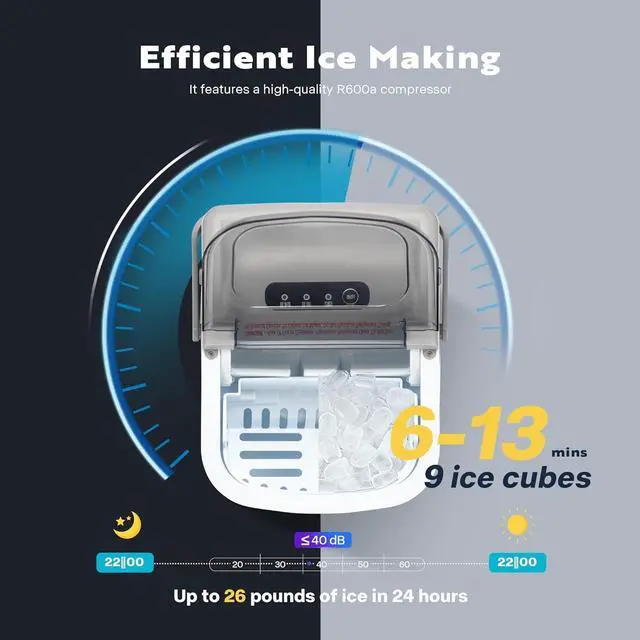 Alt view image 3 of 7 - Electric Portable Compact Countertop Automatic Ice Cube Maker Machine with Handle Hand Scoop 10 Ice Bags and Self Cleaning Function 26lbs/day Silver