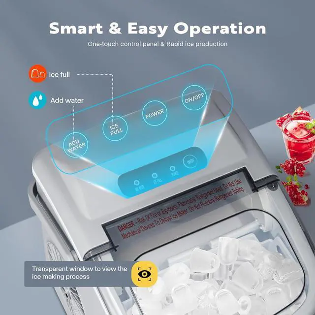 Alt view image 4 of 7 - Electric Portable Compact Countertop Automatic Ice Cube Maker Machine with Handle Hand Scoop 10 Ice Bags and Self Cleaning Function 26lbs/day Silver