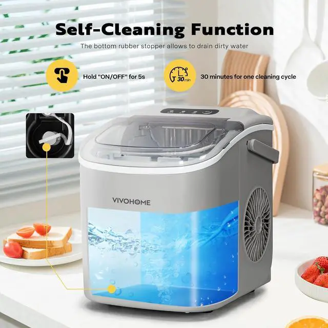 Alt view image 6 of 7 - Electric Portable Compact Countertop Automatic Ice Cube Maker Machine with Handle Hand Scoop 10 Ice Bags and Self Cleaning Function 26lbs/day Silver