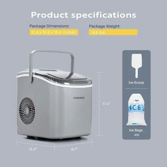 Alt view image 7 of 7 - Electric Portable Compact Countertop Automatic Ice Cube Maker Machine with Handle Hand Scoop 10 Ice Bags and Self Cleaning Function 26lbs/day Silver