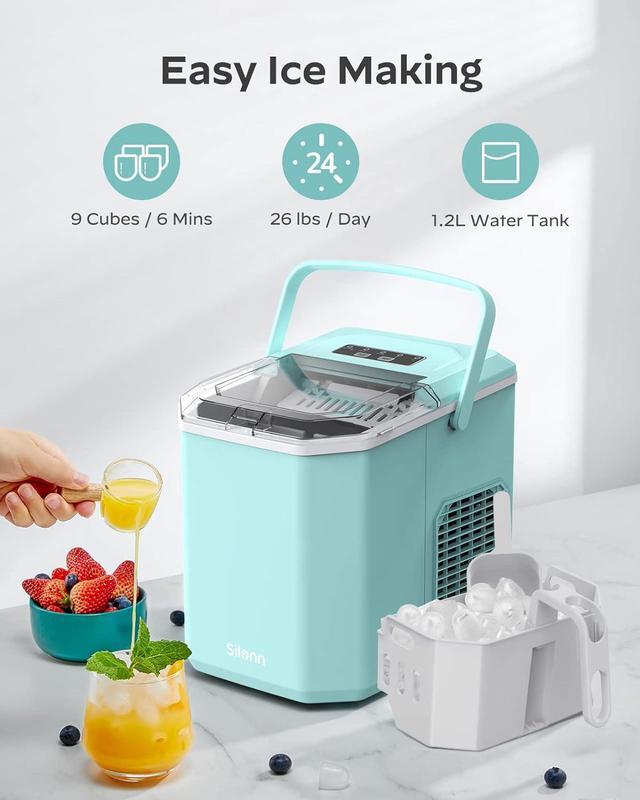 Alt view image 2 of 7 - Silonn Ice Maker Countertop, Portable Ice Machine with Carry Handle, Self-Cleaning Ice Makers with Basket and Scoop, 9 Cubes in 6 Mins, 26 lbs per Day, Ideal for Home, Kitchen, Camping, RV