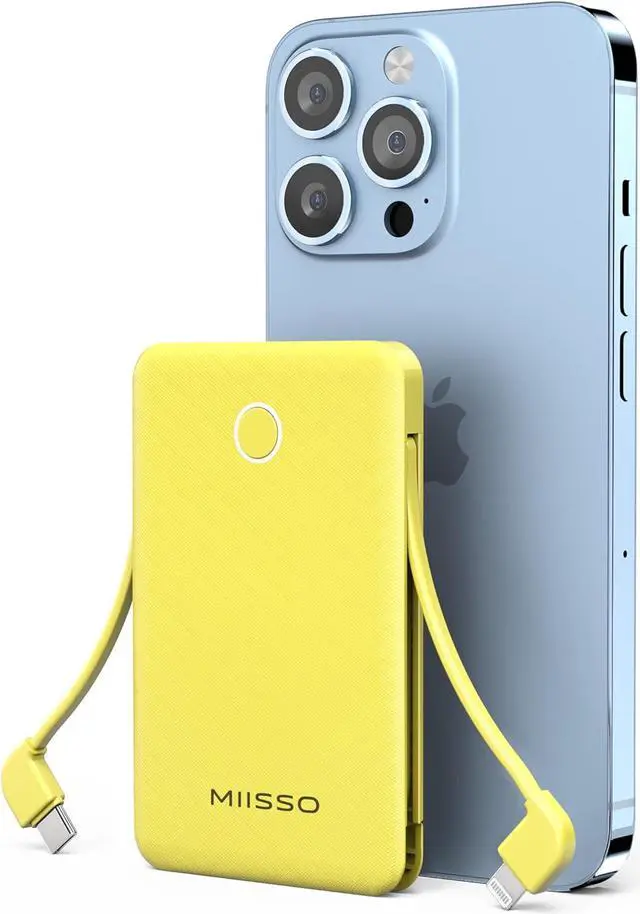 Main image of 6000mah Ultra Slim Built in Cables Power Bank, Card Size Built in USB C Cords Battery Pack Portable Charger for Phones, 3 Output External Battery Pack Compatible with iPhone, Samsung, Google, Yellow