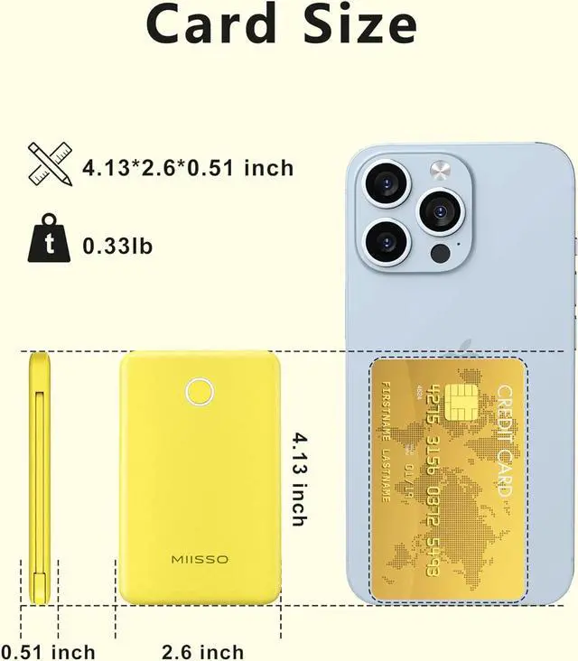Alt view image 2 of 7 - 6000mah Ultra Slim Built in Cables Power Bank, Card Size Built in USB C Cords Battery Pack Portable Charger for Phones, 3 Output External Battery Pack Compatible with iPhone, Samsung, Google, Yellow