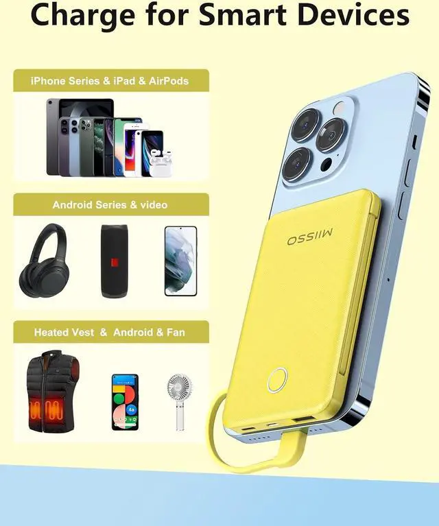Alt view image 3 of 7 - 6000mah Ultra Slim Built in Cables Power Bank, Card Size Built in USB C Cords Battery Pack Portable Charger for Phones, 3 Output External Battery Pack Compatible with iPhone, Samsung, Google, Yellow