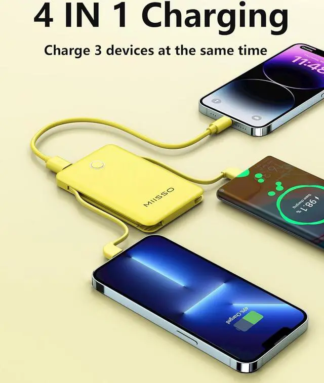 Alt view image 7 of 7 - 6000mah Ultra Slim Built in Cables Power Bank, Card Size Built in USB C Cords Battery Pack Portable Charger for Phones, 3 Output External Battery Pack Compatible with iPhone, Samsung, Google, Yellow